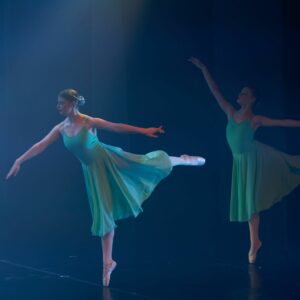 Teenage Ballerinas in Blue Dresses Performing On Stage